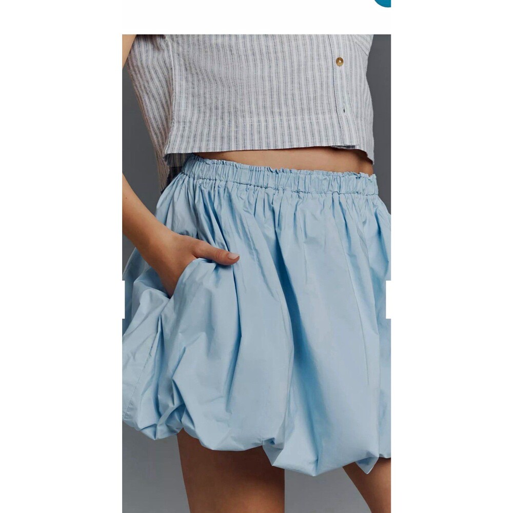 Anthropologie Blue Poplin Bubble Skirt Elastic Waist Drawstring Womens L